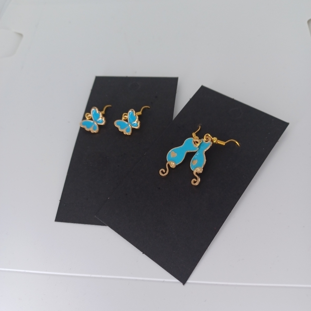 Blue and Gold Butterfly and Cat Earrings Set